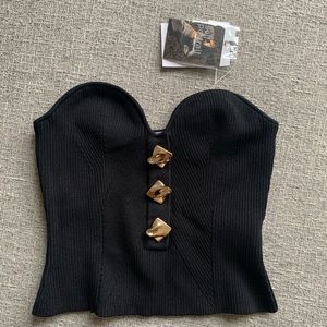 Self Portrait Black Strapless Ribbed Knit Top